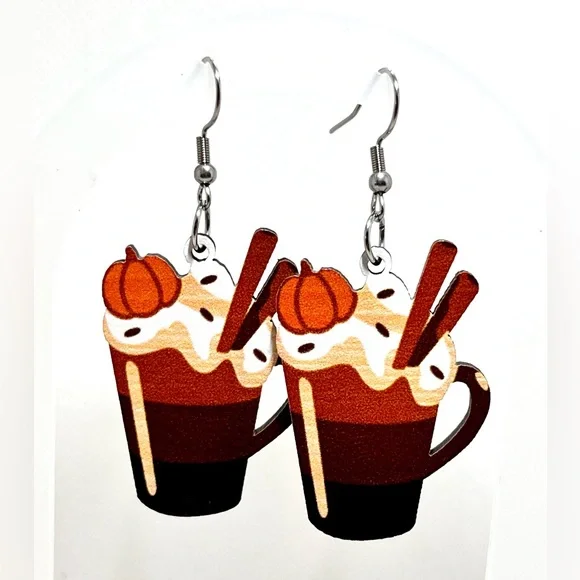 NWT Pumpkin Spice Latte Drop Dangle Earrings Lightweight Wood Fall Autumn - Picture 1 of 11